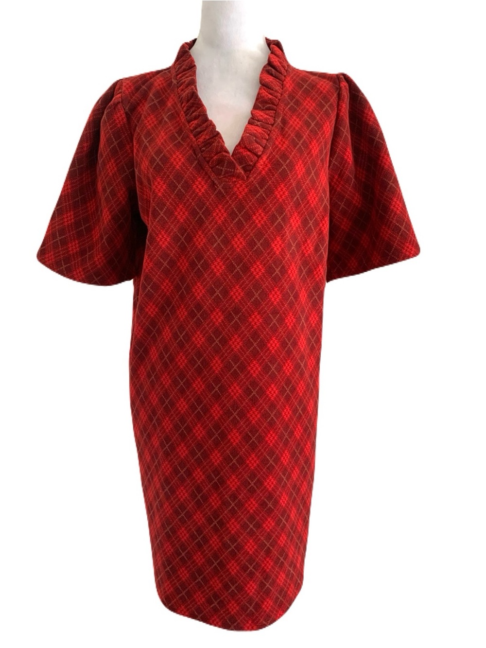 VOY Medium Red Plaid Midi Dress with Ruffle V-Neck Holiday Seasonal Warm Cozy